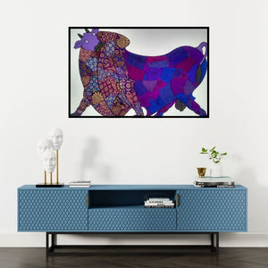 Preview of 'Purple Bull Banarasi Silk' Painting by Sreekanth Kurva shown on a wall in a furnished room.