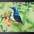 Nature oil painting titled 'Purple Sunbird On Pomegranate Shrub', 18x12 inches, by artist Gaurav Dinesh on Canvas