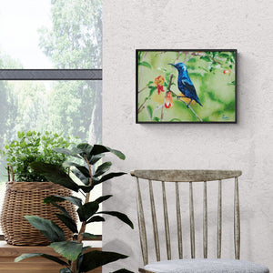 In-situ view of Gaurav Dinesh's 'Purple Sunbird On Pomegranate Shrub (Feathered Jewel)' painting in a room