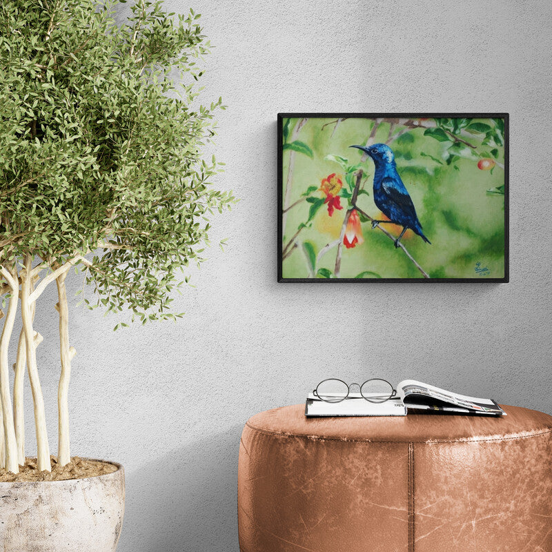 Preview of 'Purple Sunbird On Pomegranate Shrub (Feathered Jewel)' Painting by Gaurav Dinesh shown on a wall in a furnished room.