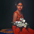 Figurative color pencil drawing titled 'Pushpvirahini', 47x31 inches, by artist Deepak Patil on Black Paper