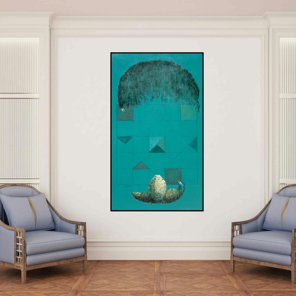 'Puzzle Of Life Ii (The Weight of Expectation)' painting by Mukesh Hattarge shown on a wall in a furnished room.