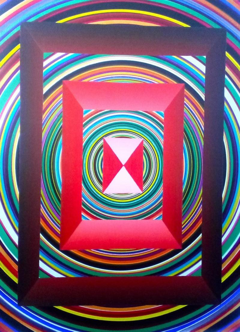 meditation acrylic painting titled 'Pyramid In Square', 32x24 inches, by artist Ghanshyam Gupta on Canvas