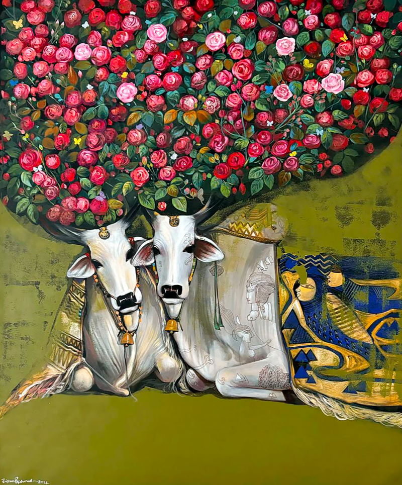 Quality Time 1' animals acrylic painting by artist Jjiban Biswas, 60x48 inch, on canvas