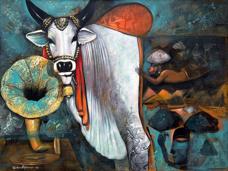 Quality Time 3' animals acrylic painting by artist Jjiban Biswas, 36x48 inch, on canvas