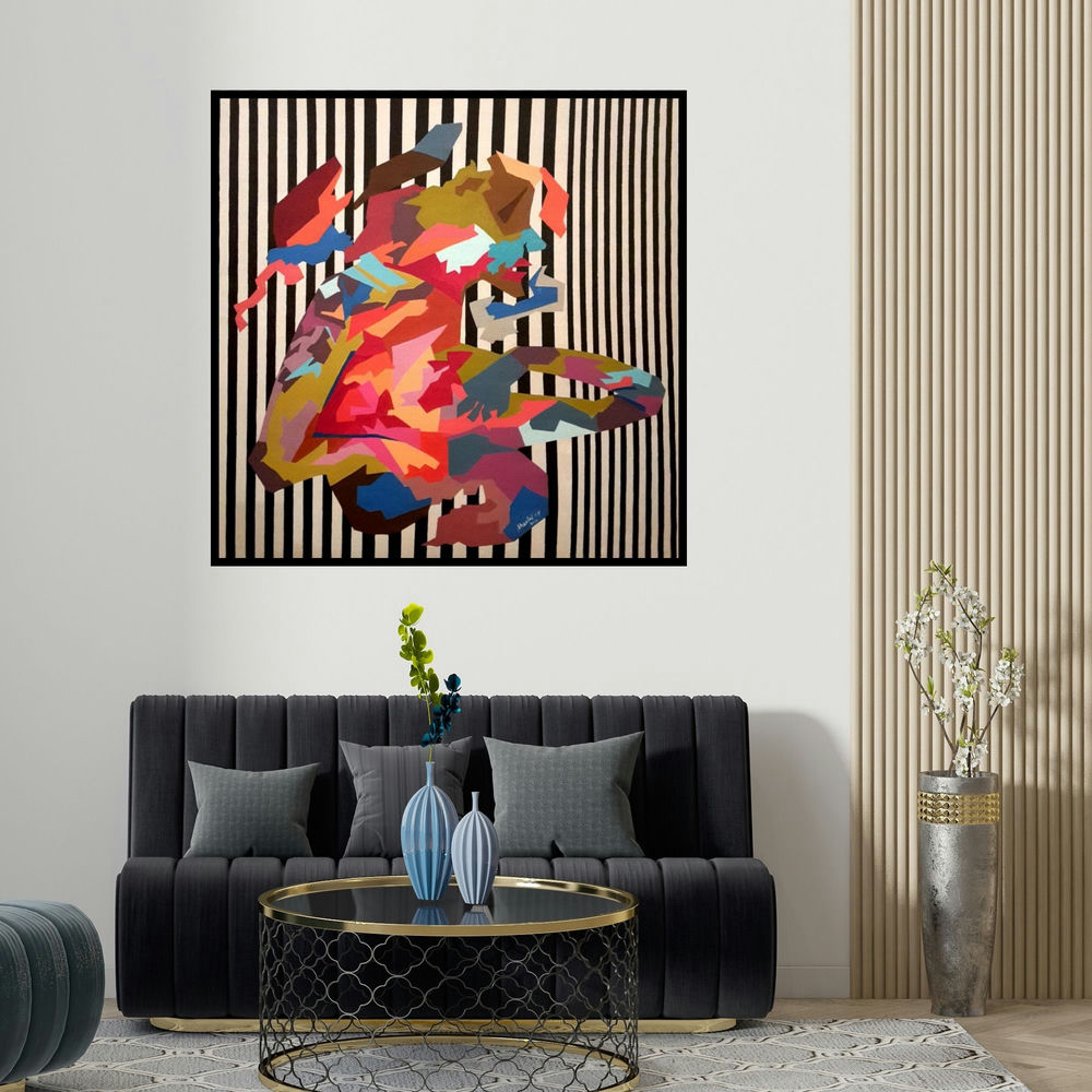 Sheetal Singh's 'Queen' painting visualized above a sofa in a contemporary room.