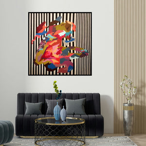 Sheetal Singh's 'Queen' painting visualized above a sofa in a contemporary room.
