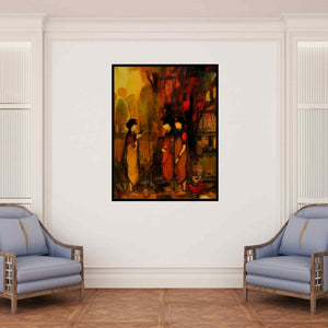 In-situ view of Sachin Sagare's 'The Queen (Village Market)' painting in a room