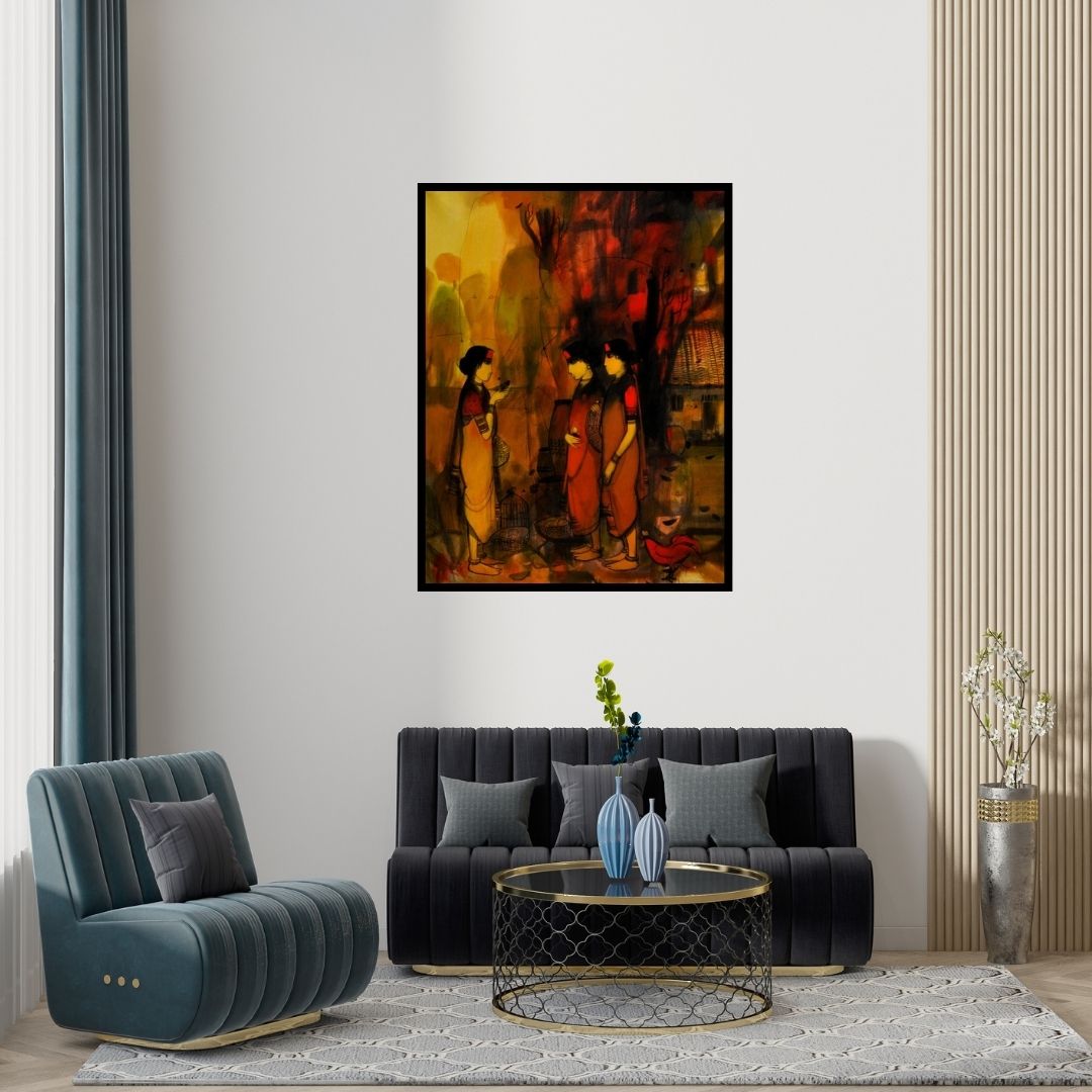 Preview of 'The Queen (Village Market)' Painting by Sachin Sagare shown on a wall in a furnished room.