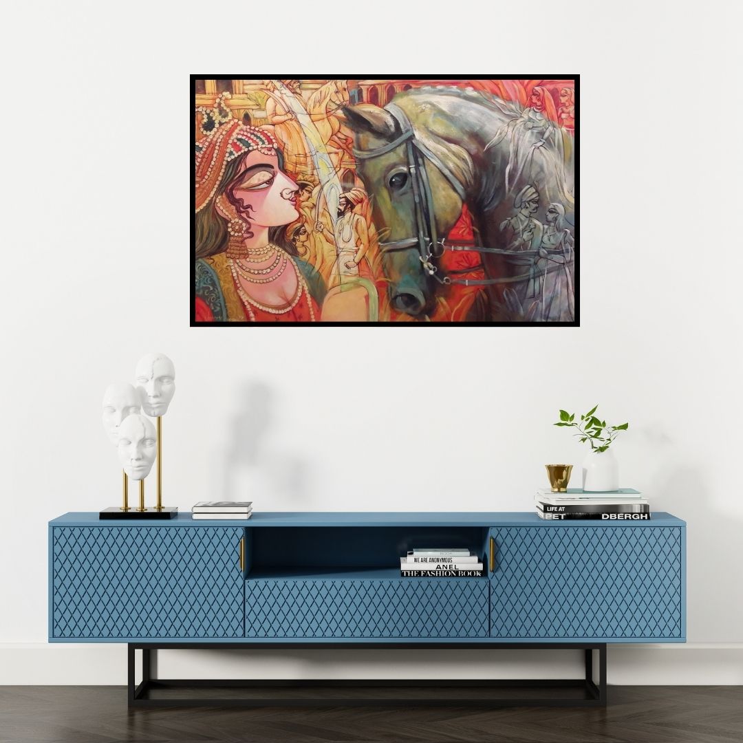 Preview of 'The Queen' Painting by Subrata Ghosh shown on a wall in a furnished room.