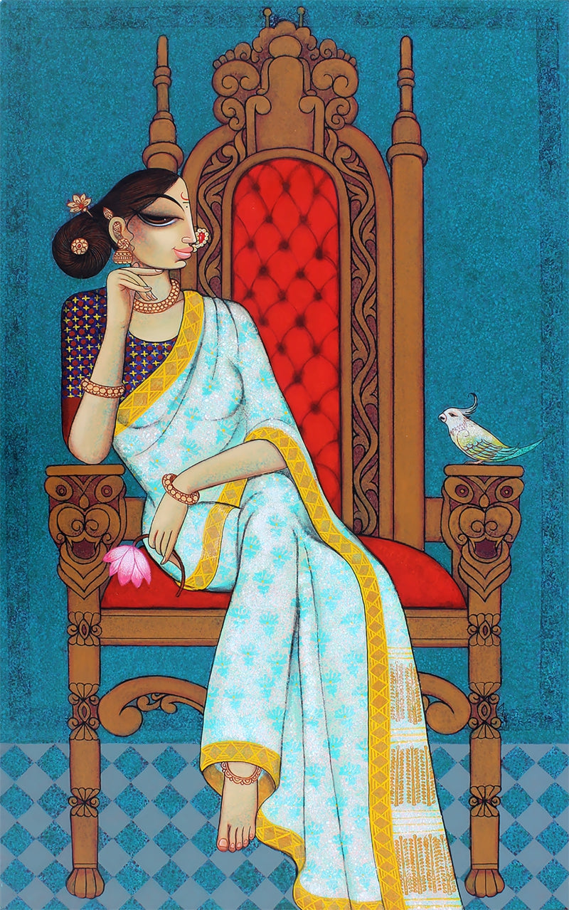 The Queen And The Bird' figurative acrylic painting by artist Varsha R Kharatmal, 40x38 inch, on canvas