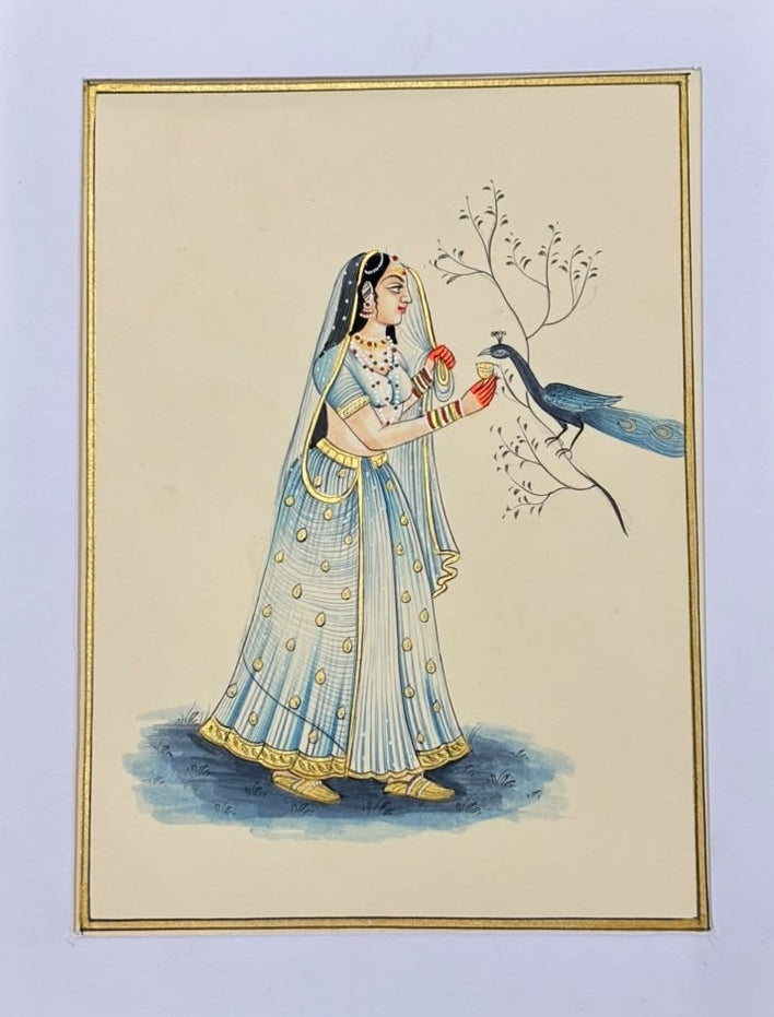 Queen With peacock' figurative miniature Traditional Art by artist Unknown, 8x6 inch, on paper