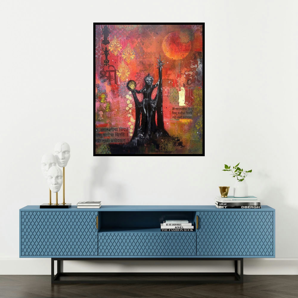 Sheetal Singh's 'Queen Of Wealth (Rise of Shakti)' painting visualized above a sofa in a contemporary room.