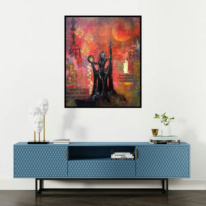 Sheetal Singh's 'Queen Of Wealth (Rise of Shakti)' painting visualized above a sofa in a contemporary room.