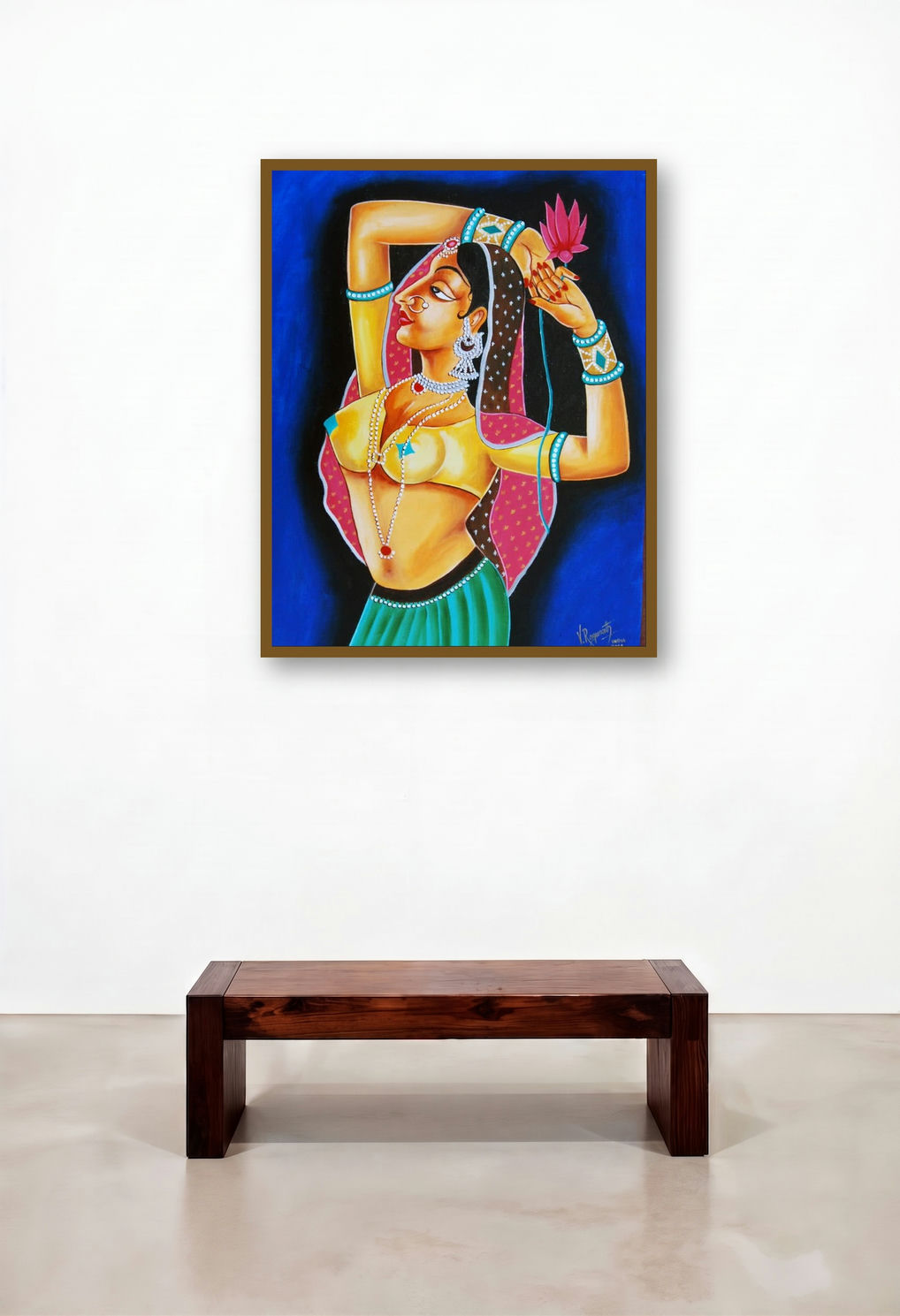 Queen With Lotus by artist Ragunath displayed in a Elegant Library