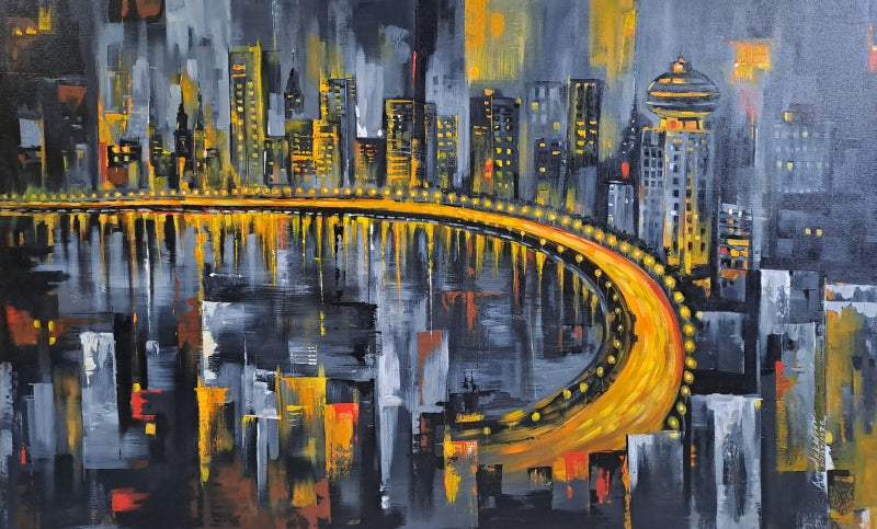 Queens Necklace' cityscape acrylic painting by artist Anand Kumar, 36x60 inch, on canvas