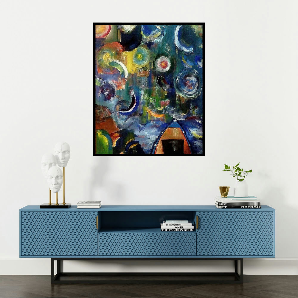 Nishant Mishra's 'The Quest' painting visualized above a sofa in a contemporary room.