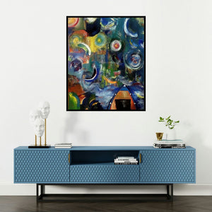 Nishant Mishra's 'The Quest' painting visualized above a sofa in a contemporary room.