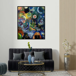 'The Quest' painting by Nishant Mishra shown on a wall in a furnished room.