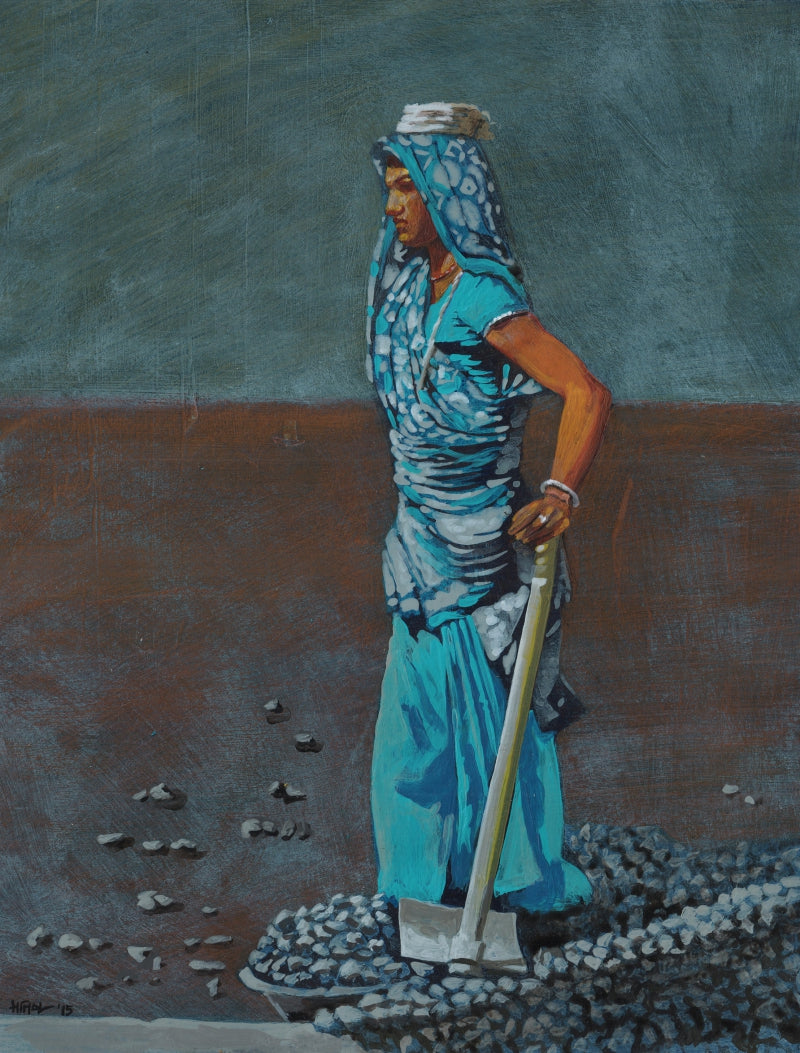 The Quiet Struggle 1' figurative acrylic painting by artist Manish Solanki, 15x12 inch, on paper