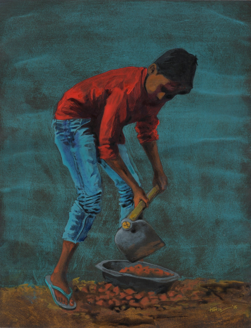 The Quiet Struggle 2' figurative acrylic painting by artist Manish Solanki, 15x12 inch, on paper