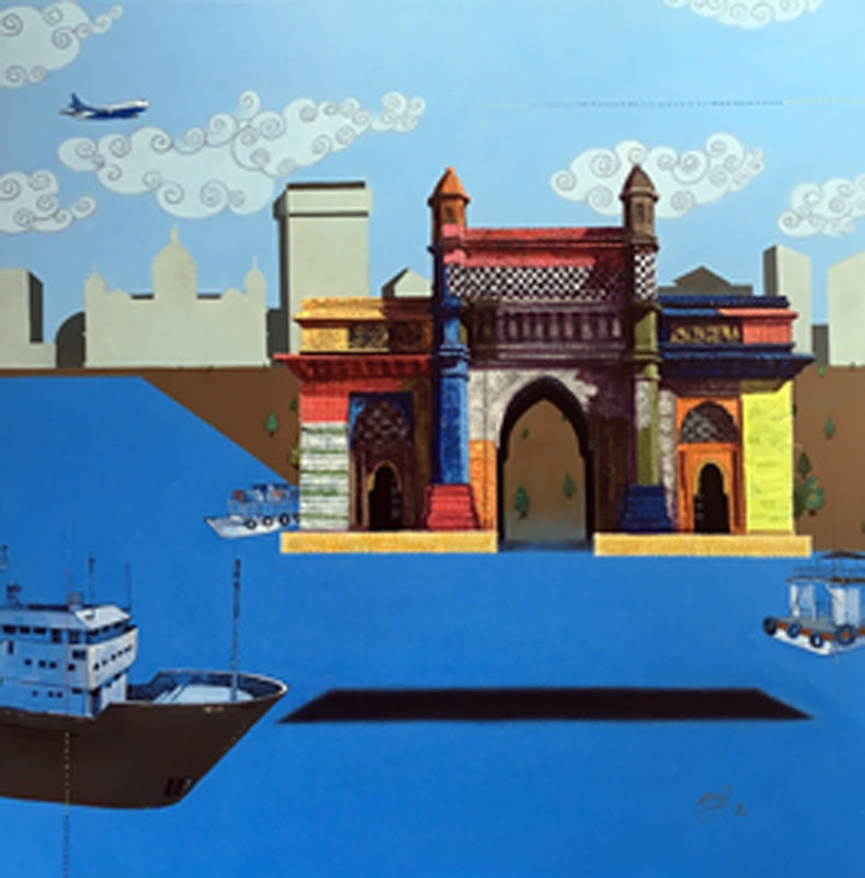 The Quilted Gateway' cityscape acrylic painting by artist Ramchandra S Kharatmal, 36x36 inch, on canvas
