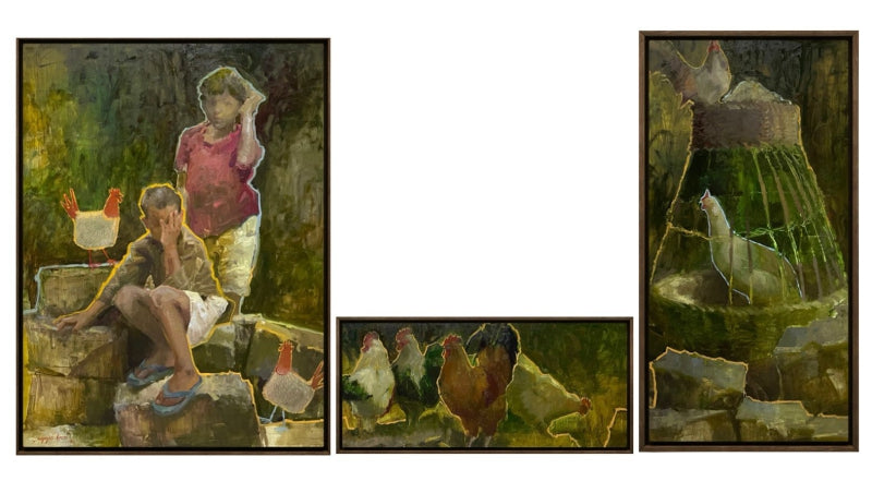 Quite Rhythm Of Village (Triptych)' figurative oil painting by artist Shadad Kazi, 48x96 inch, on linen, canvas