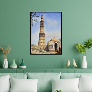 Preview of 'Qutab Minar Delhi (Majestic Qutub Minar**)' Painting by Ranabir Saha shown on a wall in a furnished room.