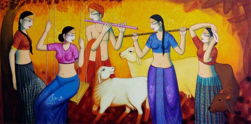Religious acrylic painting titled 'Raas Leela', 48x96 inches, by artist Pravin Utge on Canvas