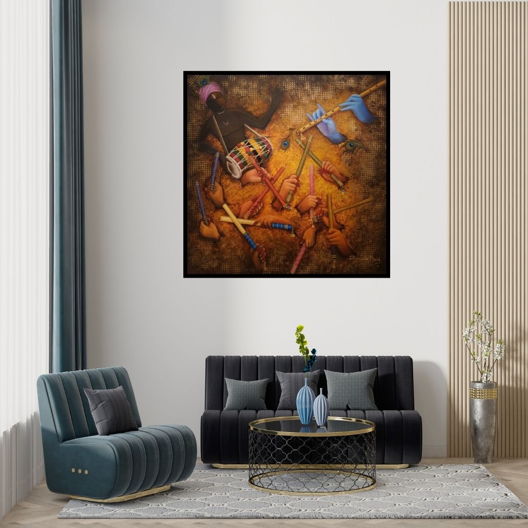 Preview of 'Raas (Universal Rhythm)' Painting by Rakhi Baid shown on a wall in a furnished room.