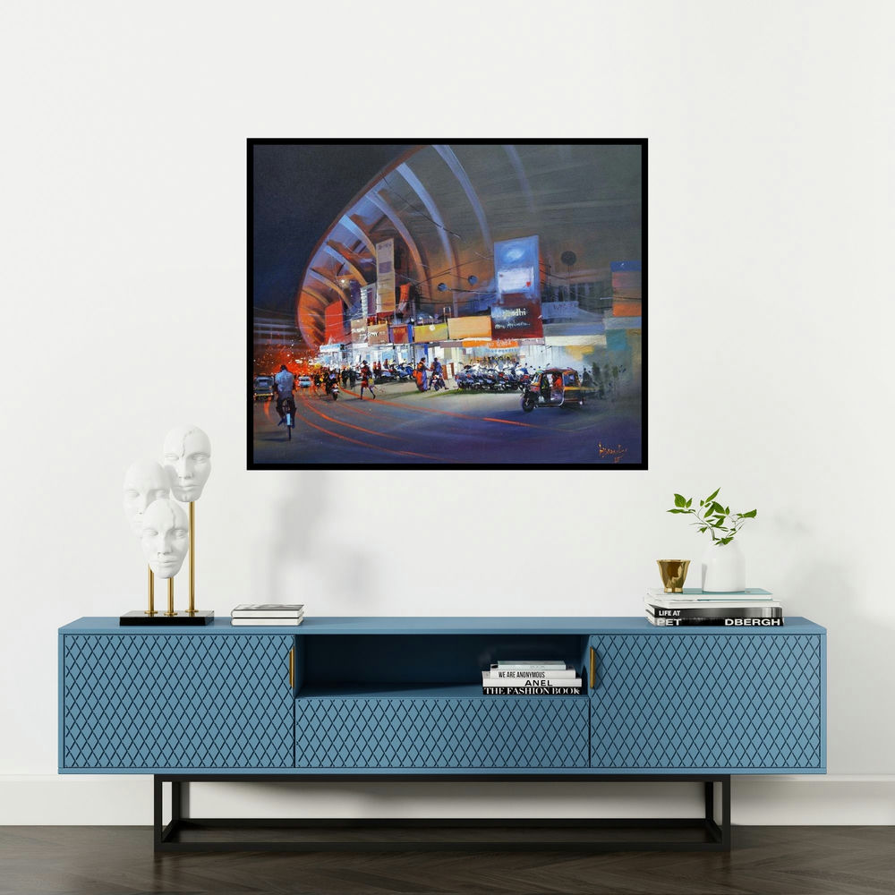 Bijay Biswaal's 'Raat Baaki I (Busy Street, India)' painting visualized above a sofa in a contemporary room.