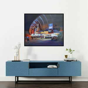 Bijay Biswaal's 'Raat Baaki I (Busy Street, India)' painting visualized above a sofa in a contemporary room.