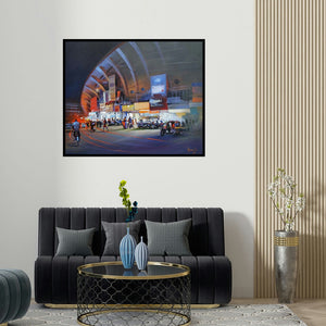 'Raat Baaki I (Busy Street, India)' painting by Bijay Biswaal shown on a wall in a furnished room.