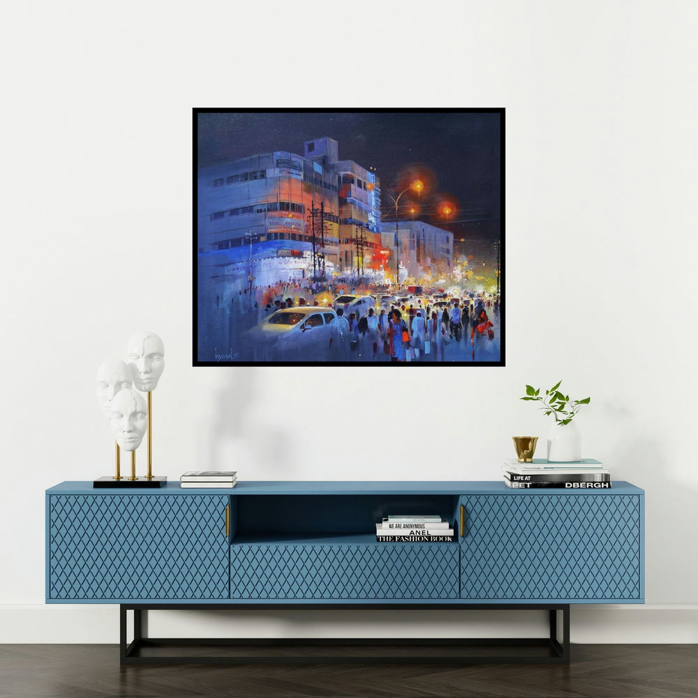 Bijay Biswaal's 'Raat Baaki Ii (City Night)' painting visualized above a sofa in a contemporary room.