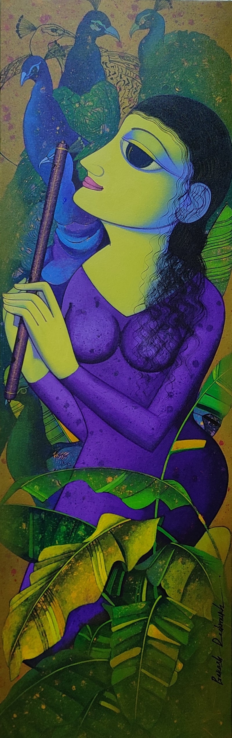 'Radha' religious acrylic painting by artist Prakash Deshmukh, 47x15 inch, on canvas