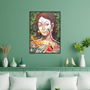 Preview of 'Radha All Around' Painting by Pradeep Swain shown on a wall in a furnished room.