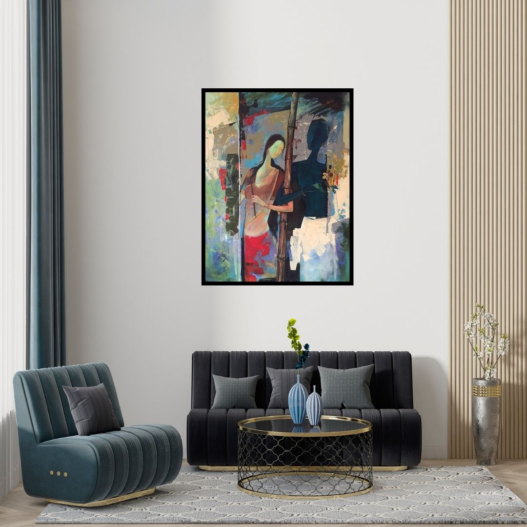 Preview of 'Radha And Krishna I' Painting by Durshit Bhaskar shown on a wall in a furnished room.