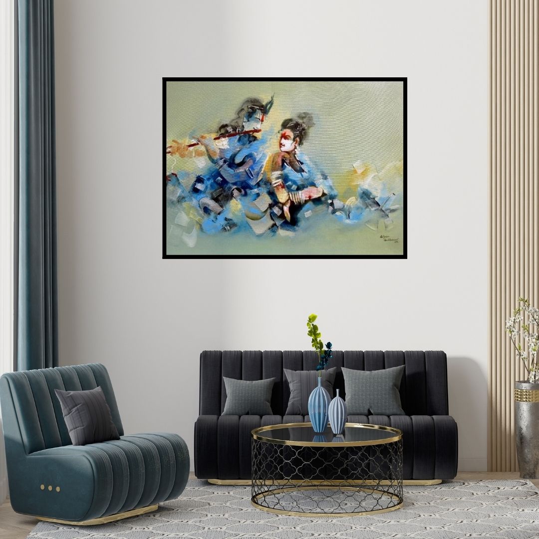 Preview of 'Radha And Krishna (Soulful Serenade)' Painting by Kariyappa Hanchinamani shown on a wall in a furnished room.