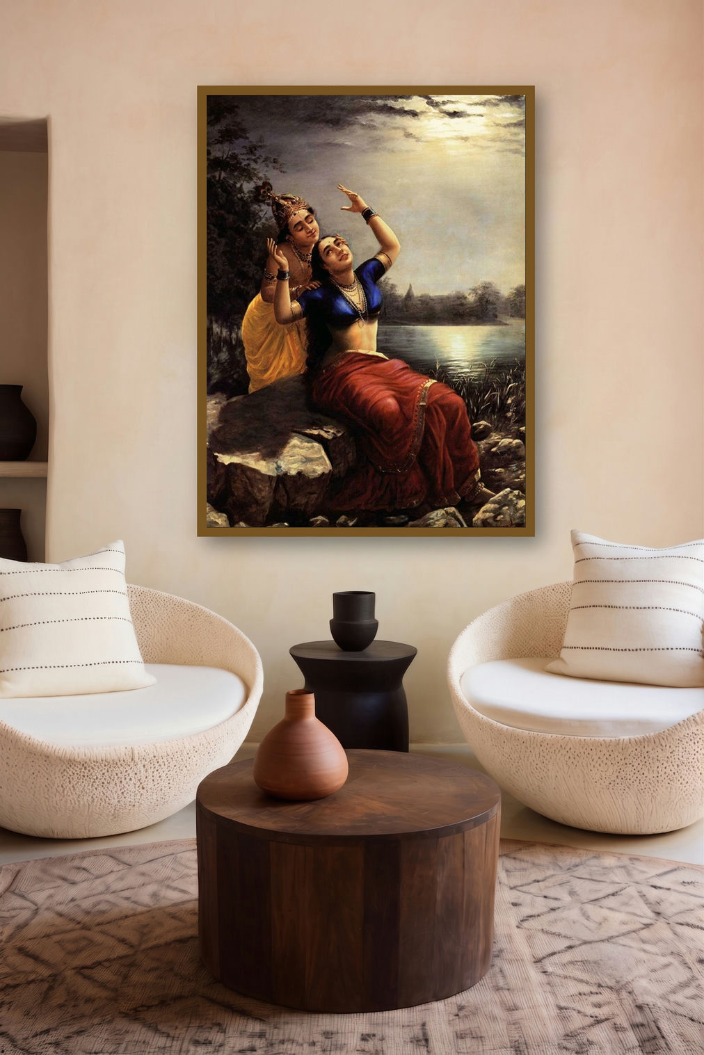 Radha And Madhav (Divine Love: Radha and Madhav) by artist Raja Ravi Varma displayed in a Curated gallery