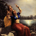 Figurative oil painting titled 'Radha And Madhav', 36x26 inches, by artist Raja Ravi Varma Reproduction on Canvas