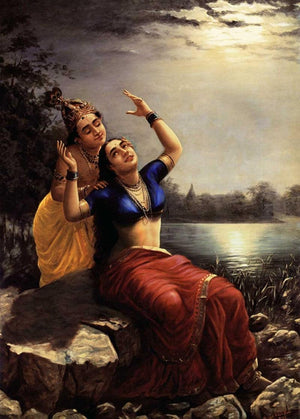 Radha And Madhav (Divine Love: Radha and Madhav) by Raja Ravi Varma, Print Oil Figurative Painting on Canvas, X-Small Vertical Wall Art
