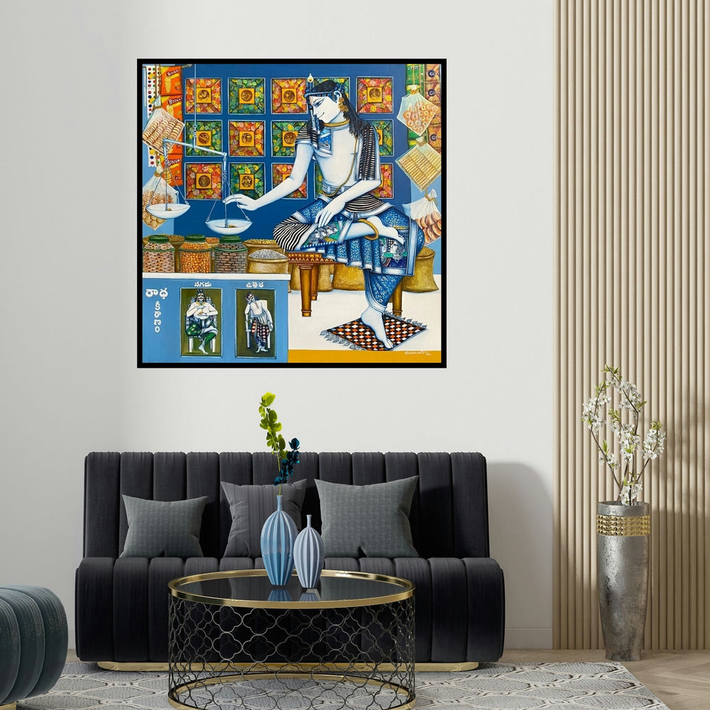 Saraswathi Lingampally's 'Radha Kiranam (Krishna the Shopkeeper)' painting visualized above a sofa in a contemporary room.