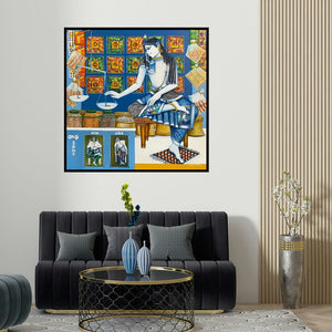 Saraswathi Lingampally's 'Radha Kiranam (Krishna the Shopkeeper)' painting visualized above a sofa in a contemporary room.
