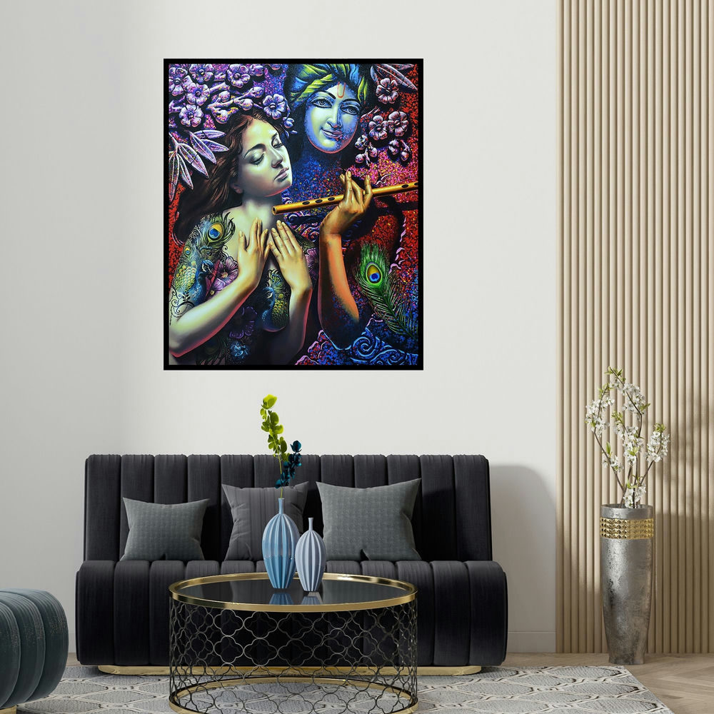 'Radha Krishna 1' painting by Prashanta Nayak shown on a wall in a furnished room.