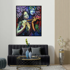 'Radha Krishna 1' painting by Prashanta Nayak shown on a wall in a furnished room.