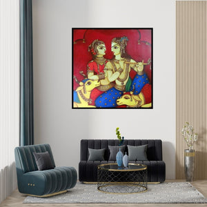 Preview of 'Radha Krishna 1 (Eternal Love: Radha Krishna)' Painting by Rahul Phulkar shown on a wall in a furnished room.