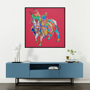 'Radha Krishna 1 (Divine Love and Playfulness)' painting by Mohammed Osman shown on a wall in a furnished room.