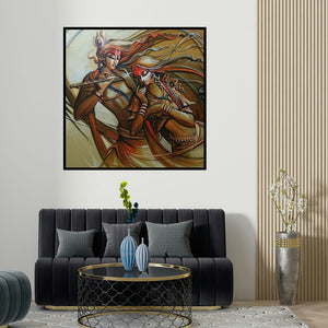 Manoj Das's 'Radha Krishna 11 (Radha Krishna Embrace)' painting visualized above a sofa in a contemporary room.