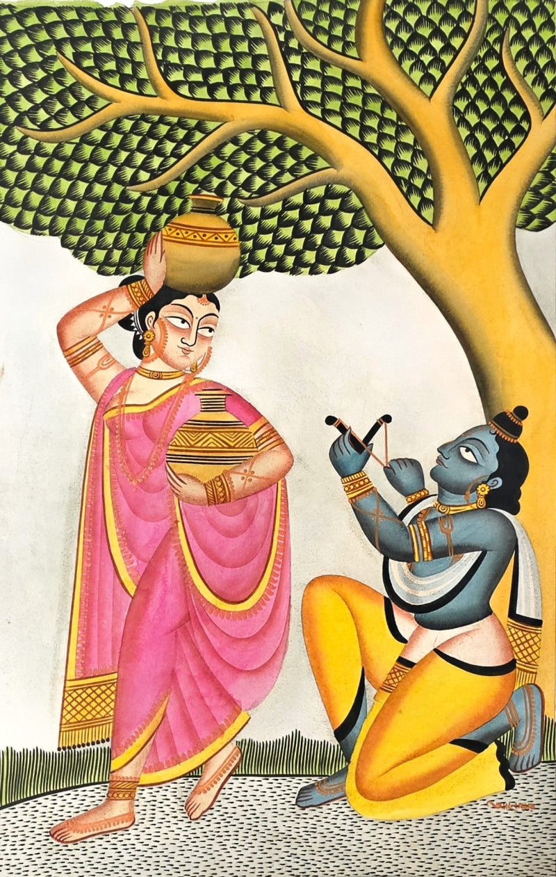 Radha Krishna' religious kalighat Traditional Art by artist Anwar Chitrakar, 22x14 inch, on paper