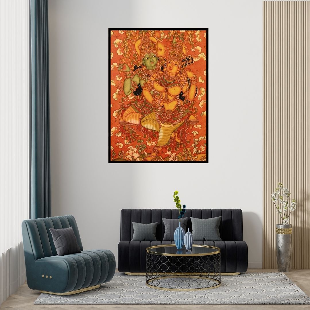 Preview of 'Radha Krishna (Radha Krishna on a Swing)' Painting by Manikandan Punnakkal shown on a wall in a furnished room.